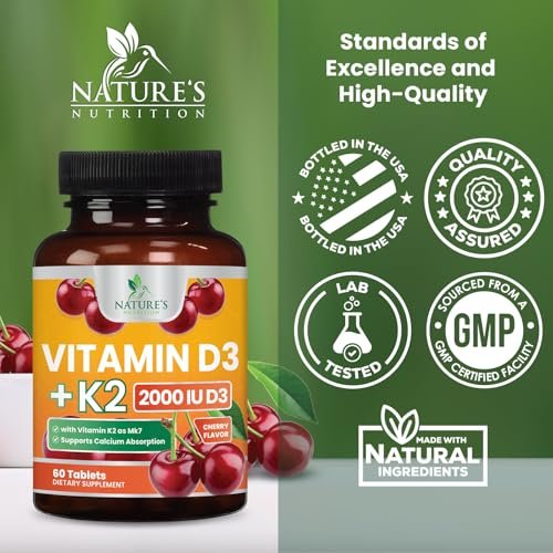 Vitamin D 2000 IU 50mcg Per Tablet - Vitamins D3 & K2 (MK7) Complex Supplement for Bone, Teeth, Muscle, Calcium Absorption, Supports Immune & Heart Health, Chewable Formula USA Bottled - 60 Tablets - görsel 8