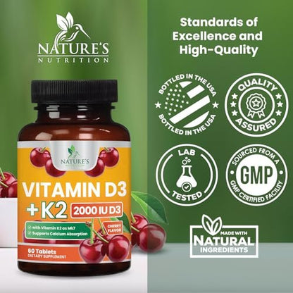 Vitamin D 2000 IU 50mcg Per Tablet - Vitamins D3 & K2 (MK7) Complex Supplement for Bone, Teeth, Muscle, Calcium Absorption, Supports Immune & Heart Health, Chewable Formula USA Bottled - 60 Tablets
