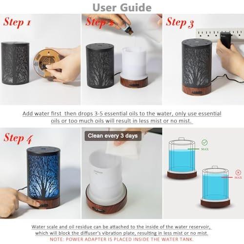 EQUSUPRO Essential Oil Diffuser 150ml Black Metal Aromatherapy Oil Diffuser Ultrasonic Cool Mist Diffuser with Auto Shut-Off Protection, 7 Colors Changed LED for Home Office SPA Yoga (A-Tree) - görsel 5