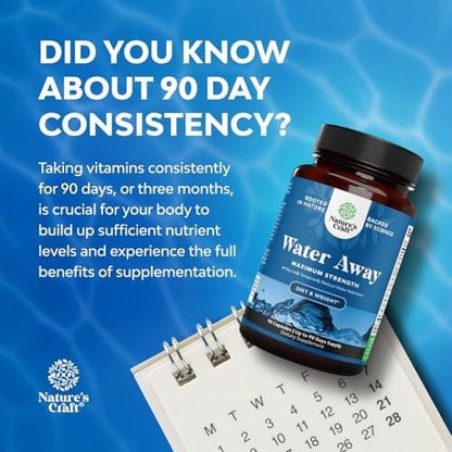 Water Away Herbal Diuretic Pills High Strength - Fluid Retention Supplement with Dandelion Leaf Extract & Green Tea for Bloating Relief for Women & Men - Capsules for Leg & Feet Swelling - 60 Count