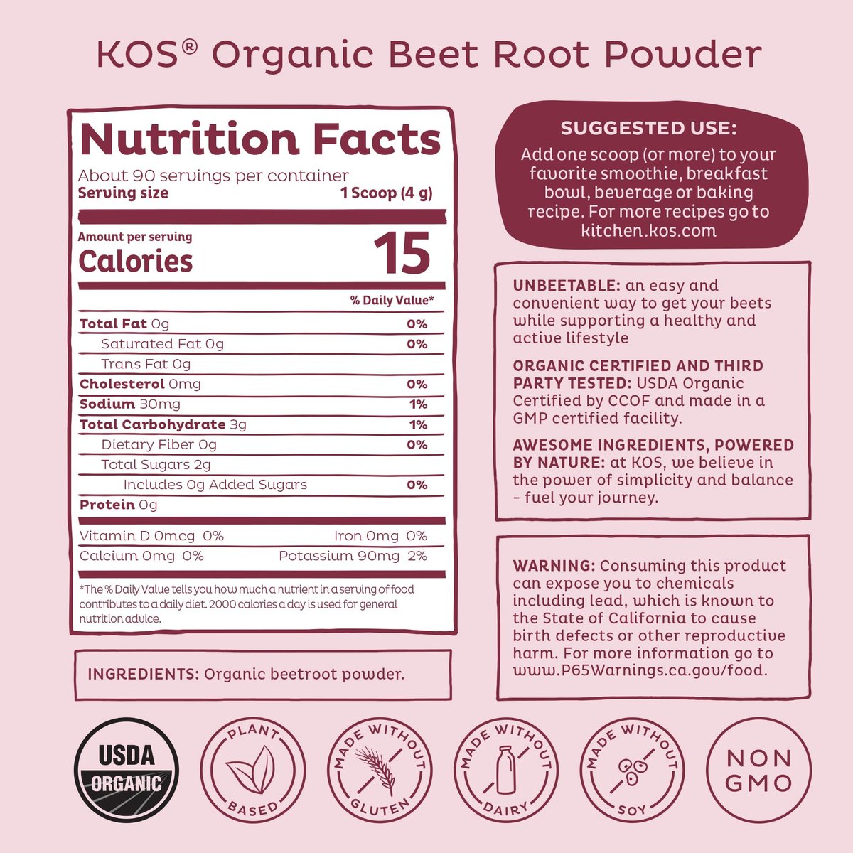 KOS Organic Beet Root Powder, USDA Organic - Natural Nitric Oxide Booster, Superfood Plant Based Beetroot Antioxidant, Supports Active Lifestyle & Healthy Circulation, Soy & Gluten-Free - 90 Servings - görsel 4