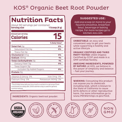 KOS Organic Beet Root Powder, USDA Organic - Natural Nitric Oxide Booster, Superfood Plant Based Beetroot Antioxidant, Supports Active Lifestyle & Healthy Circulation, Soy & Gluten-Free - 90 Servings