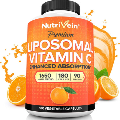 Nutrivein Premium Liposomal Vitamin C Supplement 1650mg - 180 Caps: High-Absorption High Dose Vitamin C Capsules for Whole-Body Defenses & Overall Well-Being