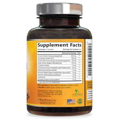 Turmeric Curcumin Supplement - 95% Curcuminoids with Glucosamine, Ginger & MSM, BioPerine Black Pepper Extract for Best Absorption, Natural Vegan Joint Support, Non-GMO, Bottled in USA - 180 Capsules