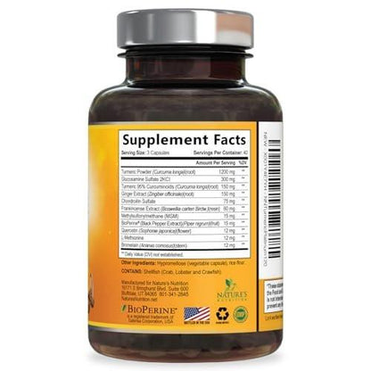 Turmeric Curcumin Supplement - 95% Curcuminoids with Glucosamine, Ginger & MSM, BioPerine Black Pepper Extract for Best Absorption, Natural Vegan Joint Support, Non-GMO, Bottled in USA - 120 Capsules