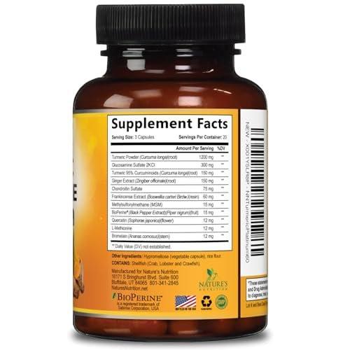 Turmeric Curcumin Supplement - 95% Curcuminoids with Glucosamine, Ginger & MSM, BioPerine Black Pepper Extract for Best Absorption, Natural Vegan Joint Support, Non-GMO, Bottled in USA - 120 Capsules - görsel 9