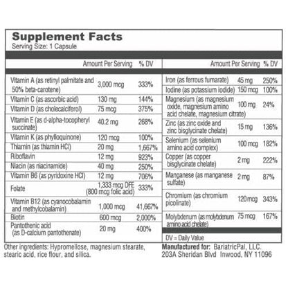 BariatricPal Multivitamin ONE 1 per Day! Bariatric Multivitamin Capsule with 45 mg of Iron | Easy to Swallow Capsule | Vitamin for Bariatric Surgery Patients | 30 Count (1 Month Supply)