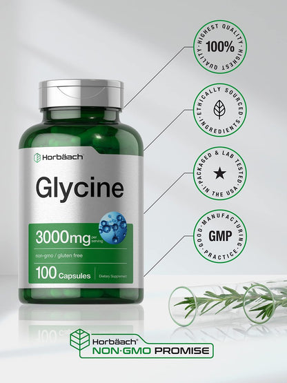 Horbäach Glycine 3000mg Supplement | 100 Powder Capsules | Non-GMO, Gluten Free