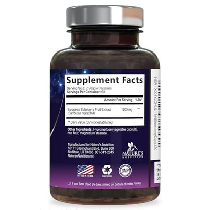 European Elderberry Fruit Extract 1200mg Per Serving Capsules - Sambucus Immune Support with Concentrated Sambucus Black Elderberry Extract, Antioxidant Vitamin Supplement, USA Bottled - 120 Capsules