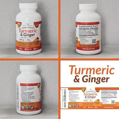 Turmeric and Ginger Supplement for Joint Support & Muscle Comfort – 1960mg Organic Turmeric Curcumin with BioPerine Black Pepper Extract for Men & Women, 95% Curcuminoids, Vegan Non GMO – 90 Capsules