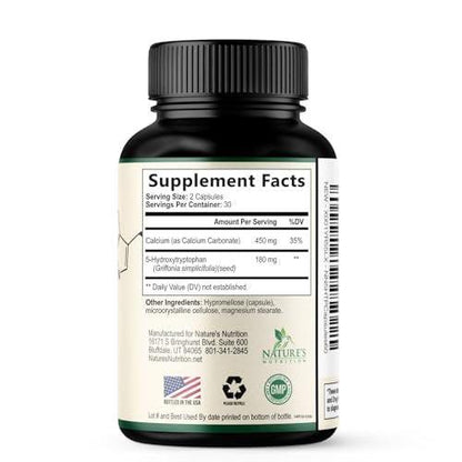 5 Hydroxytryptophan Capsules - 180mg per Serving 5 HTP Supplement Plus Calcium for Brain Health & Sleep Support, Extra Strength Griffonia Simplicifolia 5-HTP Formula, 5HTP, USA Bottled - 60 Capsules