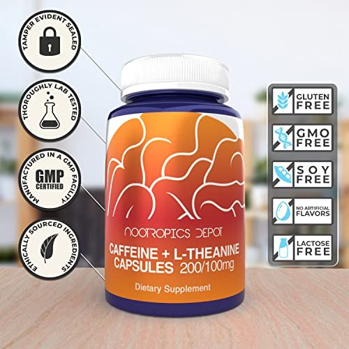 Nootropics Depot Caffeine and L-Theanine Capsules | 60 Count | Contains 200mg of Caffeine and 100mg of L-Theanine | Natural Supplement | Energy Booster | Mental Focus + Alertness | Coffee Alternative - görsel 4