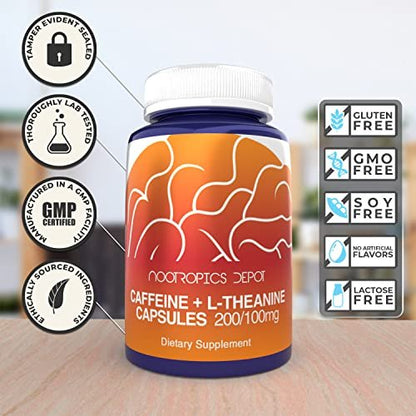 Nootropics Depot Caffeine and L-Theanine Capsules | 60 Count | Contains 200mg of Caffeine and 100mg of L-Theanine | Natural Supplement | Energy Booster | Mental Focus + Alertness | Coffee Alternative