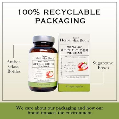 Herbal Roots Organic Apple Cider Vinegar Capsules with Mother and Organic Cayenne | 650 mg | 60 Vegan Capsules