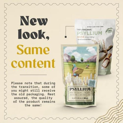 NaturaleBio Organic Whole Psyllium Husk 12oz (340g). 99% Pure Psyllium Seed Husks. USDA Organic Certified. Isabgol Natural Fiber for Keto, Paleo, Vegan & Gluten-Free Diets.