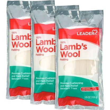 LEADER 100% Lambs Wool Padding, Provides Cushioning Comfort and Pain Relief Between Toes, 3/8 oz, 3 Pack
