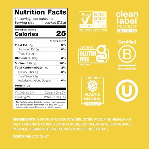 Cure Hydration | Plant-Based Electrolyte Drink Mix | No Added Sugar | FSA-HSA | Dehydration Relief Powder Made with Coconut Water | Non-GMO | Vegan | Pouch of 14 Packets - Lemonade - görsel 1