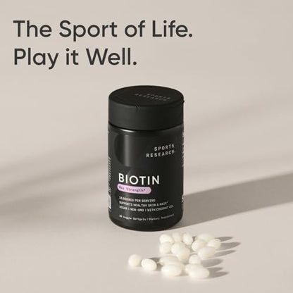 Sports Research® Biotin 10,000mcg with Organic Coconut Oil - Biotin (Vitamin B7) for Healthy Skin and Hair Support* - for Women and Men - Vegan, Non-GMO, Gluten & Soy-Free - 30 Veggie Softgels