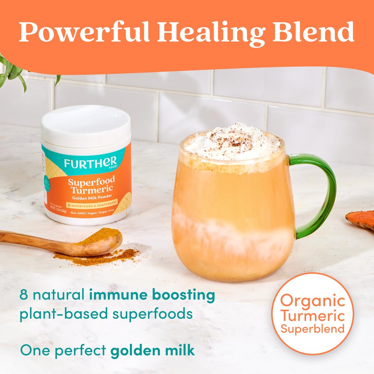 Further Food Superfood Turmeric Root Powder - Maximum Absorption, Natural Immune Booster, Golden Milk Blend, Sugar Free, Keto, Vegan, Non-GMO, 2.12 Oz - görsel 5