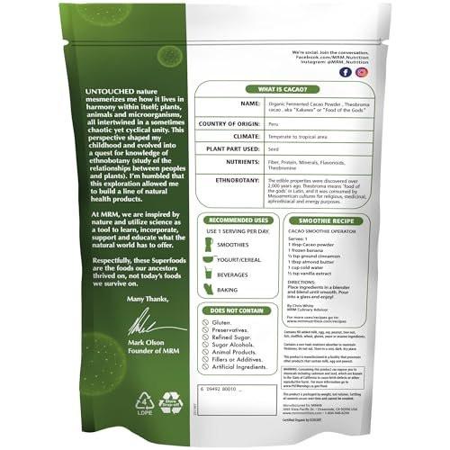 MRM Nutrition Organic Fermented Cacao Powder - Premium Superfood Powder from Peruvian Cacao Beans, Antioxidant Rich, Flavonoids, Unsweetened, Vegan, Gluten Free, non-GMO - 43 Servings - görsel 3