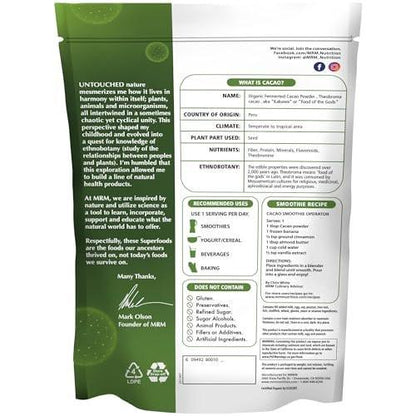 MRM Nutrition Organic Fermented Cacao Powder - Premium Superfood Powder from Peruvian Cacao Beans, Antioxidant Rich, Flavonoids, Unsweetened, Vegan, Gluten Free, non-GMO - 43 Servings