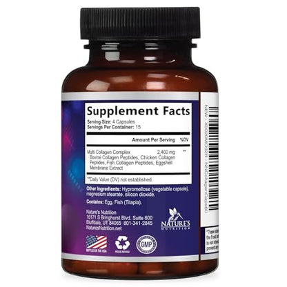 Multi Collagen Complex Pills - Hydrolyzed Collagen Peptides Capsules for Women & Men - Types I, II, III, V, X Multi Collagen - Hair, Skin & Nails Support Supplement - Bottled in USA - 60 Capsules