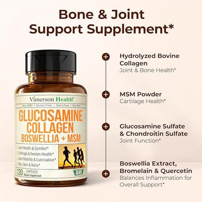 Glucosamine Chondroitin with 1200mg Hydrolyzed Collagen Peptides, Boswellia Extract, Quercetin, Bromelain, MSM – Hair Skin Nails and Joint Supplement for Women & Men – FSA Eligible 120 Capsules