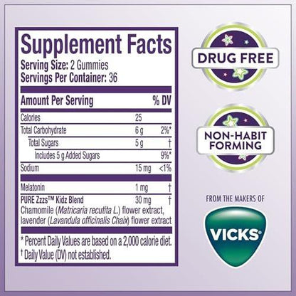 Pure Zzzs Kidz Melatonin Gummy for Kids – Low Dose 1 mg – Berry Flavored – 72 Count – with Chamomile & Lavender