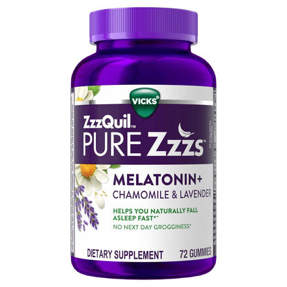 ZzzQuil Pure Zzzs Melatonin Gummies, Sleep Aid, Melatonin 2mg, with Chamomile and Lavender, Wildberry Vanilla Flavored, 72 Count