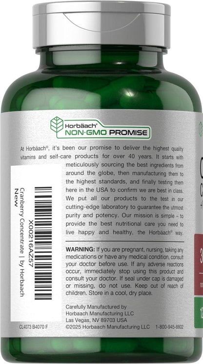 Horbäach Cranberry Concentrate Extract Pills + Vitamin C | 120 Capsules | Supplement for Women and Men | Triple Strength Ultimate Potency Formula | Non-GMO and Gluten Free