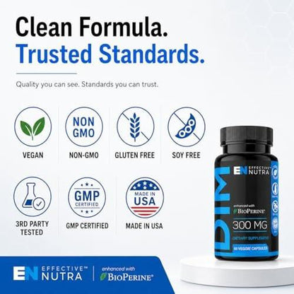 Effective Nutra DIM Supplement 300mg + BioPerine, Extra Strength Estrogen Blocker for Men & Hormone Balance for Women - Diindolylmethane, Hormonal Acne, Menopause Support - 60 Veggie Capsules