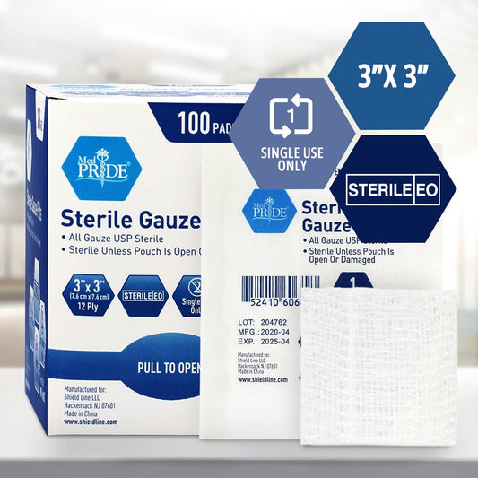 MED PRIDE Sterile Gauze Dressing Pads, 12 Ply Highly Absorbent Cotton, Individually Wrapped, Non Stick, Painless Removal (3x3 Inch, Pack of 100)