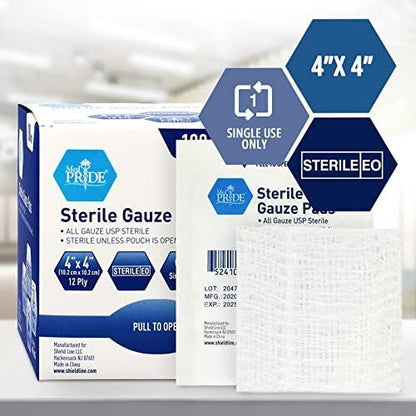 MED PRIDE Sterile Gauze Dressing Pads Individually Wrapped, Nonstick 12-Ply Cotton, Highly Absorbent for Wound Care (4x4 Inch, Pack of 100)