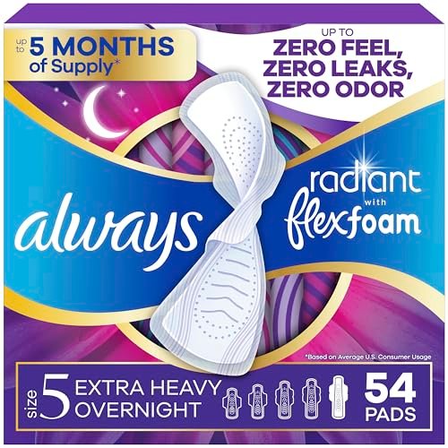 Always Radiant Feminine Pads with Wings, Size 5 Extra Heavy Overnight Absorbency, Lightly Scented, 54 Count (3 Packs of 18) - görsel 1