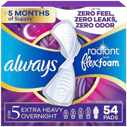 Always Radiant Feminine Pads with Wings, Size 5 Extra Heavy Overnight Absorbency, Lightly Scented, 54 Count (3 Packs of 18)