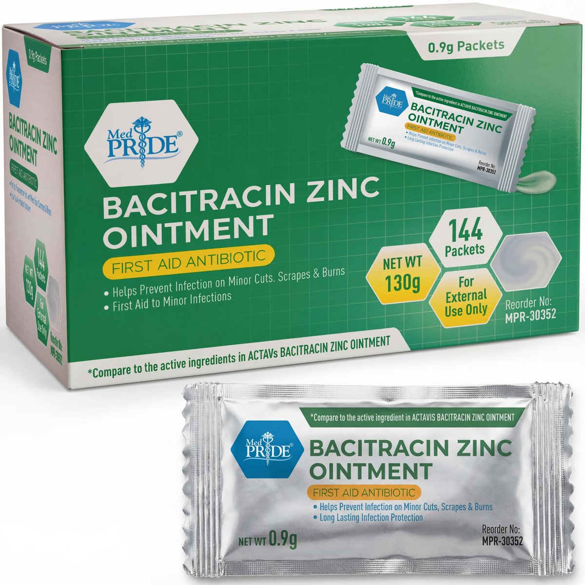 MED PRIDE Bacitracin Zinc Ointment, Antibiotic Cream for Wounds, Burns, Cuts, 144 Travel-Size Packets X 0.9g, First Aid - görsel 10