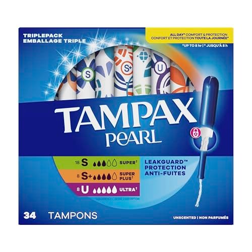 Tampax Pearl Tampons Trio Pack, Super/Super Plus/Ultra Absorbency with BPA-Free Plastic Applicator and LeakGuard Braid, Unscented, 34 Count - görsel 18