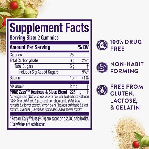 ZzzQuil PURE Zzzs De-Stress Melatonin Sleep Aid Gummies, Helps Calm Your Mind and Body, Ashwagandha for Stress Support, Sleep Aids for Adults, 1 mg per gummy, 42 Count - görsel 2