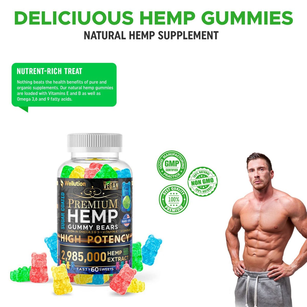WELLUTION Sugar-Coated Hemp Gummies – High Potency 2,985,000 MCG – Natural Fruity Bears for Relaxation and Peace - Fast-Acting - 60ct - görsel 10