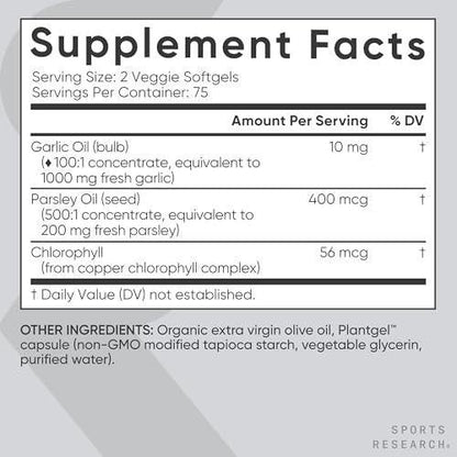 Sports Research® Odorless Garlic Oil Pills with Parsley & Chlorophyll - Vegan Certified · Non-GMO · Gluten Free - 150 Plantgel Capsules