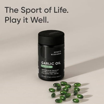 Sports Research® Odorless Garlic Oil Pills with Parsley & Chlorophyll - Vegan Certified · Non-GMO · Gluten Free - 150 Plantgel Capsules