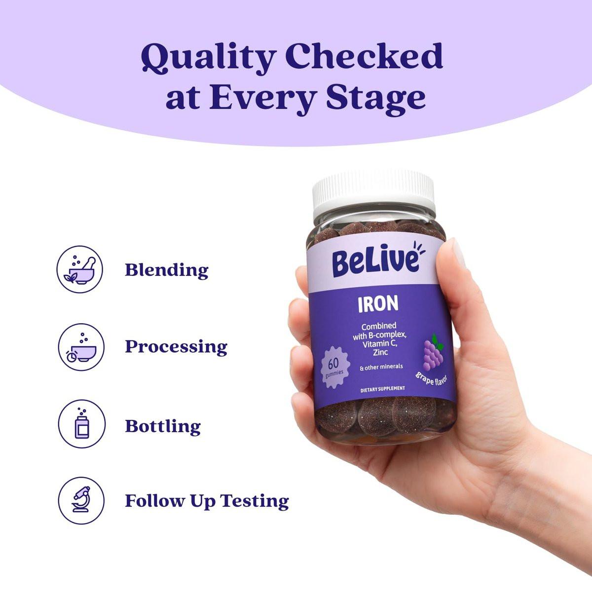 BeLive Iron Gummies - Multivitamin Supplement with Vitamin C, A, B & Zinc, Supports Blood Oxygen, Vegan Iron Supplements for Women, Men & Kids for Growth and Development - Grape Flavor | 1-Pack - görsel 16