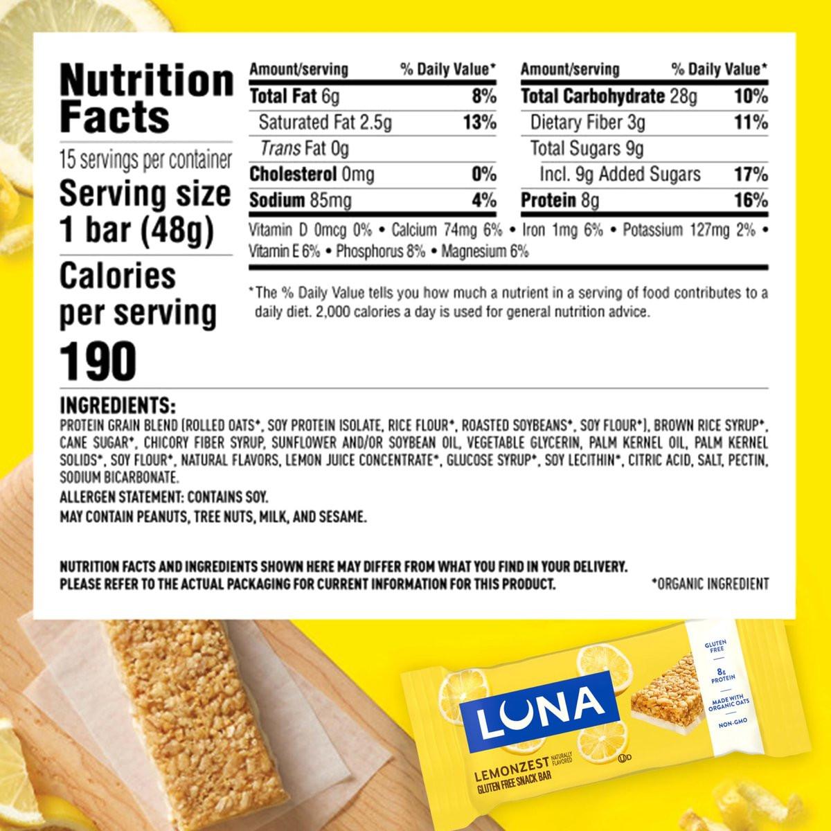 LUNA Bar LemonZest Flavor Gluten Free Snack Bars Non-GMO Protein Bars Made with Organic Oats Value Pack (12 Pack) - görsel 4