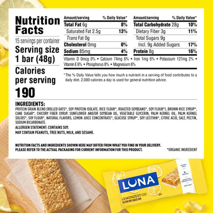 LUNA Bar LemonZest Flavor Gluten Free Snack Bars Non-GMO Protein Bars Made with Organic Oats Value Pack (12 Pack)