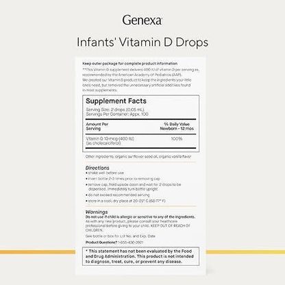 Genexa Infants Vitamin D Liquid Drops for Newborn, Baby & Toddler | Supports Growth & Bone Development | Delicious Organic Vanilla Flavor | Certified Organic, Gluten Free, & Non-GMO | 90 Servings