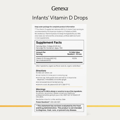 Genexa Infants Vitamin D Liquid Drops for Newborn, Baby & Toddler | Supports Growth & Bone Development | Delicious Organic Vanilla Flavor | Certified Organic, Gluten Free, & Non-GMO | 90 Servings