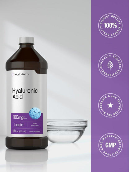 Horbäach Liquid Hyaluronic Acid Supplement | 100 mg | 16 oz | Mixed Berry Flavor | Non-GMO and Gluten Free Formula