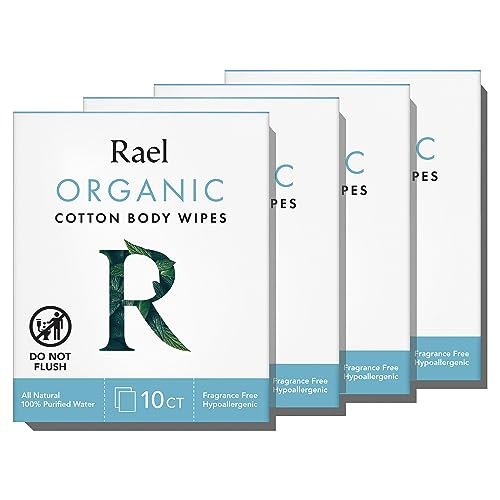 Rael Organic Cotton Wipes - Body Cloth, Individually Wrapped, All Skin Types (10 Count, Pack of 4) - görsel 1