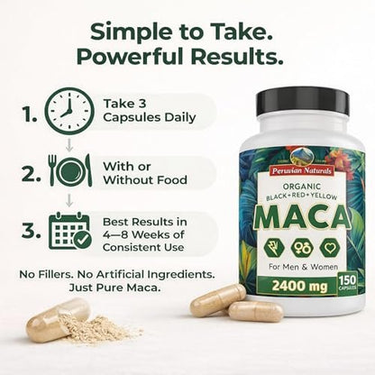 Organic Maca Root Capsules for Women & Men 2400mg per Serving - 150 Pills Black, Red, Yellow Maca Supplement - Gelatinized Macaroot, Non-GMO, Vegan by Peruvian Naturals