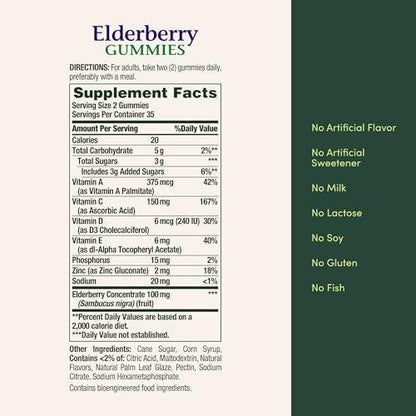 Nature's Bounty Elderberry Gummies, Dietary Supplement, Supports Immune Health, Contains Vitamin A, C, D, E and Zinc, 100 mg, 70 Gummies